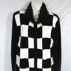 Lisa International Chenille Cardigan Sweater Jacket Small Black White Zip Front